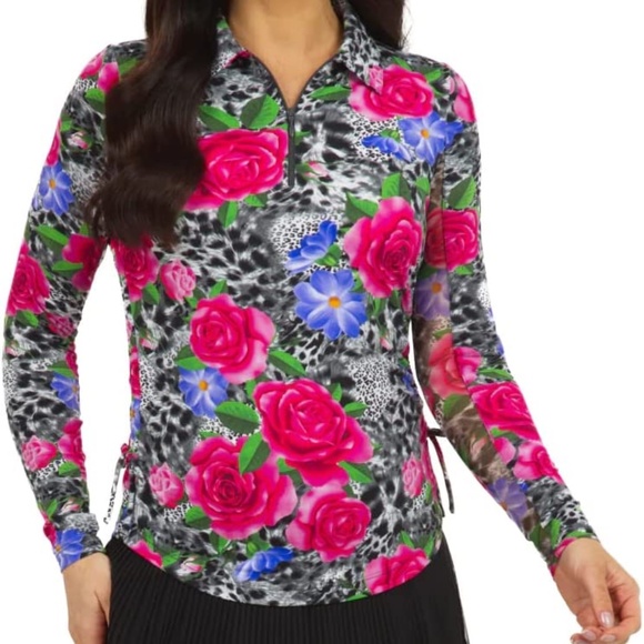 new IBKUL Jovanna Athleisure Wear Floral Zip Polo Top UPF 50+ Size Small - Picture 1 of 4
